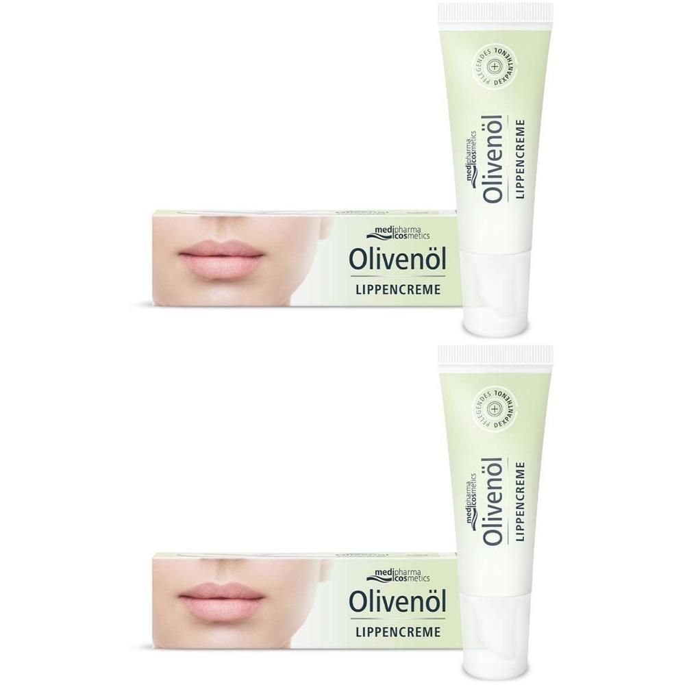 Zwei Tuben und Schachteln Lippencreme. Auf den Tuben steht "Olivenöl Lippencreme". Die Schachteln zeigen Lippen.