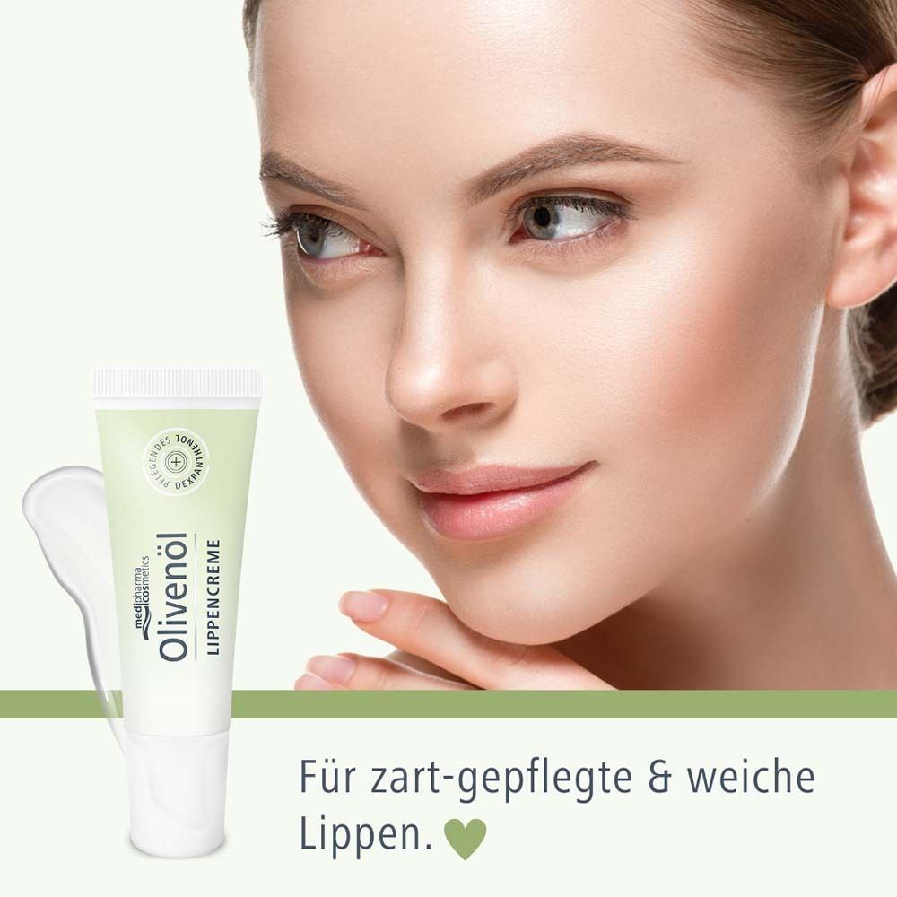 Eine Tube Olivenöl Lippencreme neben einem Frauenporträt. Text: "Für zart-gepflegte & weiche Lippen."