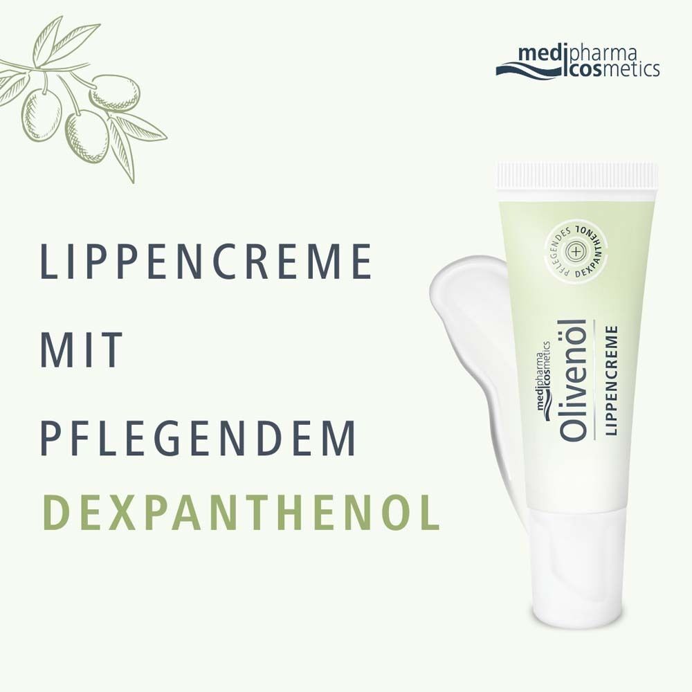 Eine Tube Olivenöl Lippencreme mit Text: "Lippencreme mit pflegendem Dexpanthenol". Logo: medipharma cosmetics.