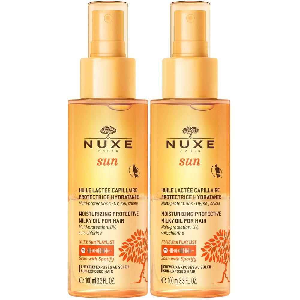 Zwei Flaschen NUXE Sun Haaröl. Gelbe Sprühflaschen mit Produktinformationen. Aufschrift: UV-Schutz, feuchtigkeitsspendend.