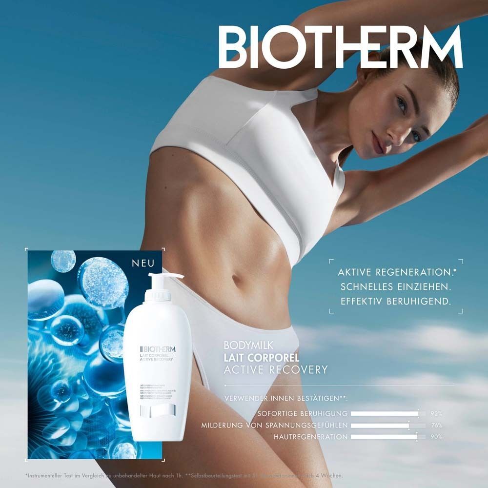 Frau mit Biotherm Lait Corporel Active Recovery Bodylotion. Produkt und Text auf Verpackung.