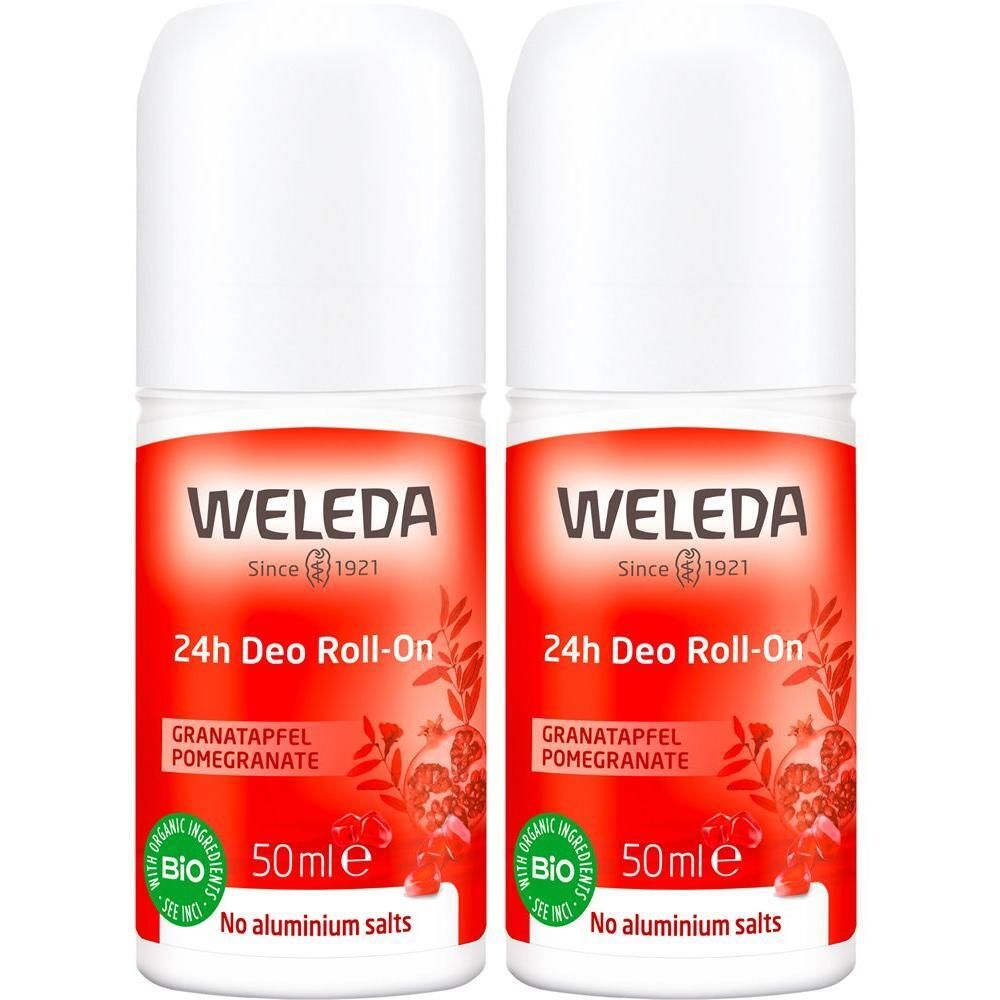 Zwei weiße Roll-On-Deos mit roter Etikettierung. Schriftzug: Weleda, 24h Deo Roll-On, Granatapfel. Bio-Siegel.
