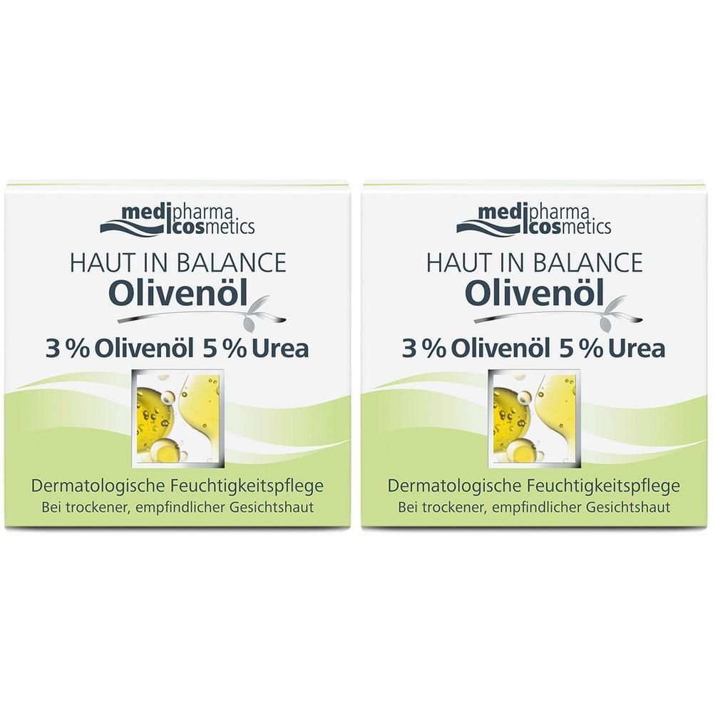 Zwei quadratische Faltschachteln. Aufschrift: medipharma cosmetics, Haut in Balance Olivenöl, 3% Olivenöl 5% Urea. Dermatologische Feuchtigkeitspflege.