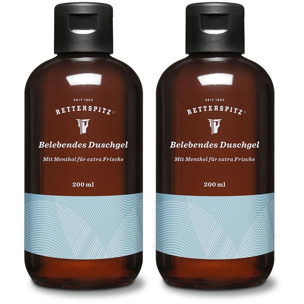 Zwei braune Flaschen RETTERSPITZ® Duschgel mit schwarzem Deckel und blauem Etikett. Text: Belebendes Duschgel, Mit Menthol für extra Frische, 200 ml.
