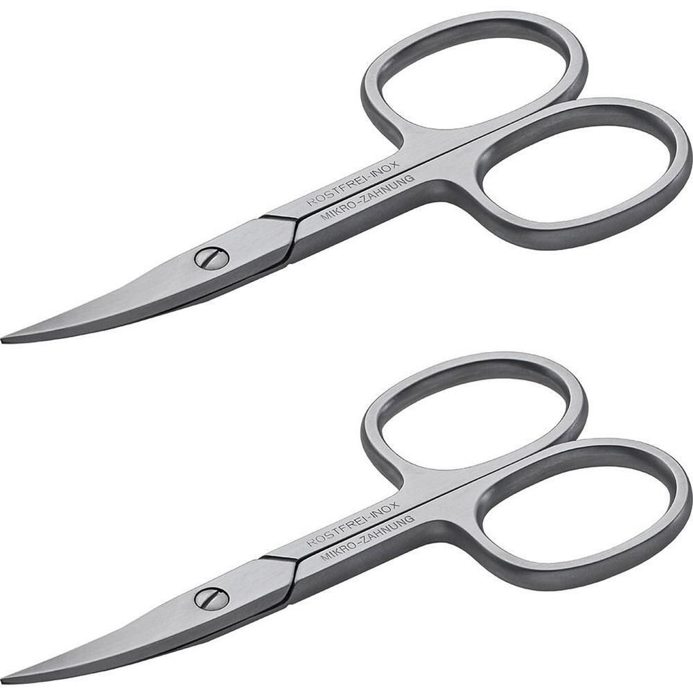 Zwei Nagelscheren aus Edelstahl. Gebogene Klingen, mikroverzahnt. Griffe mit Fingerlöchern. Rostfrei-INOX und Mikro-Zahnung beschriftet.