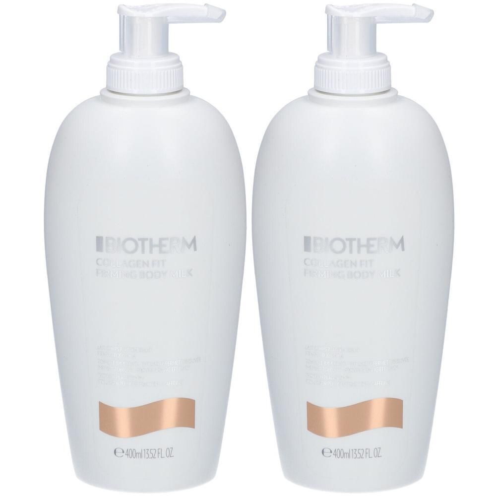Zwei weiße Flaschen mit Pumpverschluss. Aufschrift: BIOTHERM Collagen Fit Straffende Körpermilch. Unterhalb ein rosafarbenes Band.