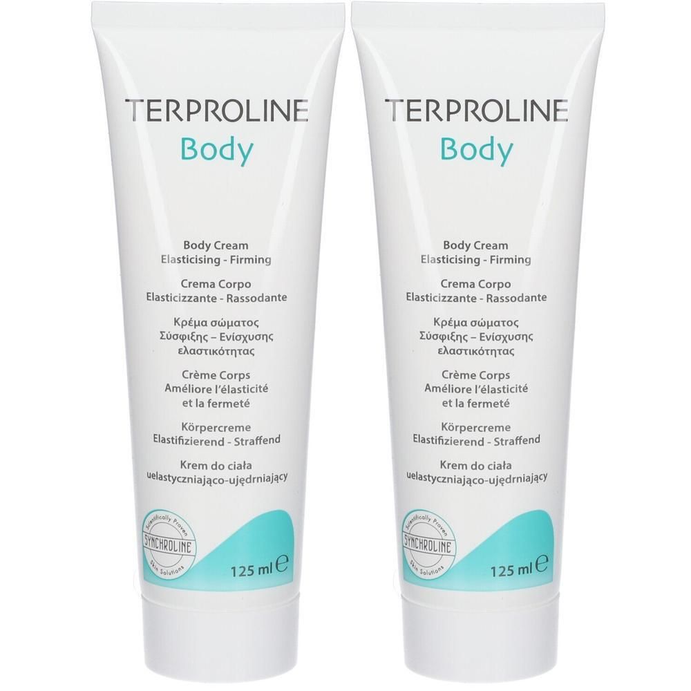 Zwei Tuben SYNCHROLINE TERPROLINE Body Cream. Weiße Tuben mit blauer Schrift. Mehrsprachige Produktinformationen.