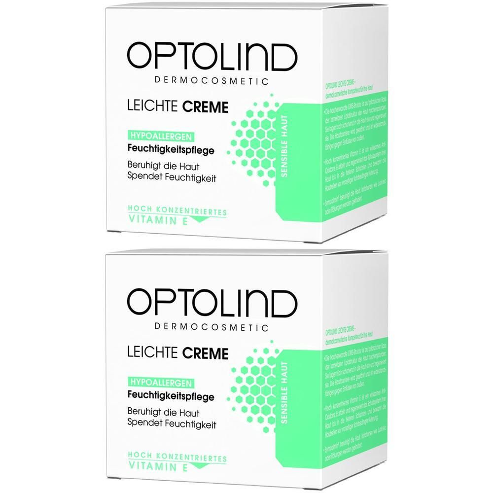 Zwei weiße Kartons mit grünen Akzenten. Aufschrift: OPTOLIND, Leichte Creme, Feuchtigkeitspflege, Vitamin E. Hypoallergen.