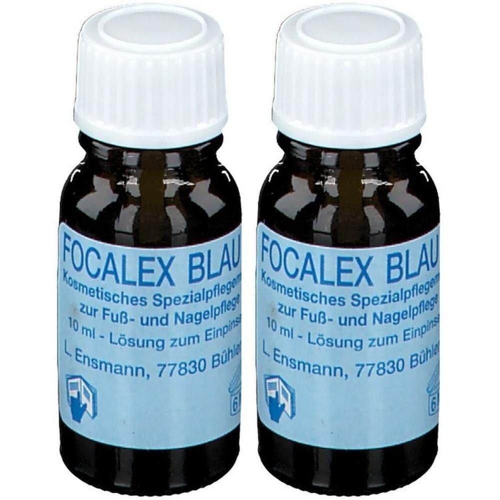 Zwei Flaschen FOCALEX BLAU. Dunkelbraune Glasflaschen mit weißen Verschlüssen und blauen Etiketten. Text: Kosmetische Spezialpflege.