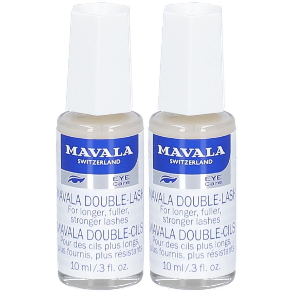 Zwei Fläschchen MAVALA DOUBLE-Lash Wimpernpflege. Weiße Kappen, blaue Etiketten mit Text. 10 ml.