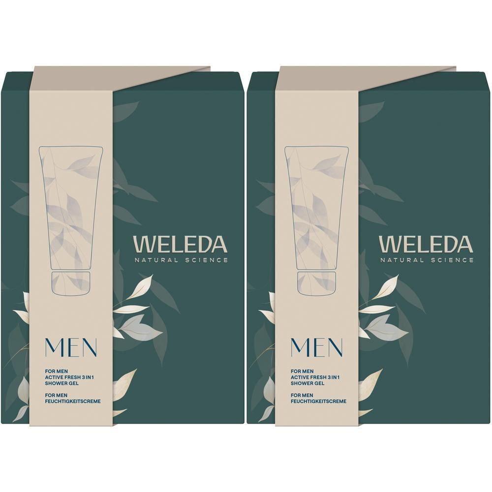 Zwei Geschenkboxen. Aufdruck: WELEDA, MEN, 3in1 Duschgel & Feuchtigkeitscreme. Grün und beige. Blätter-Dekor.
