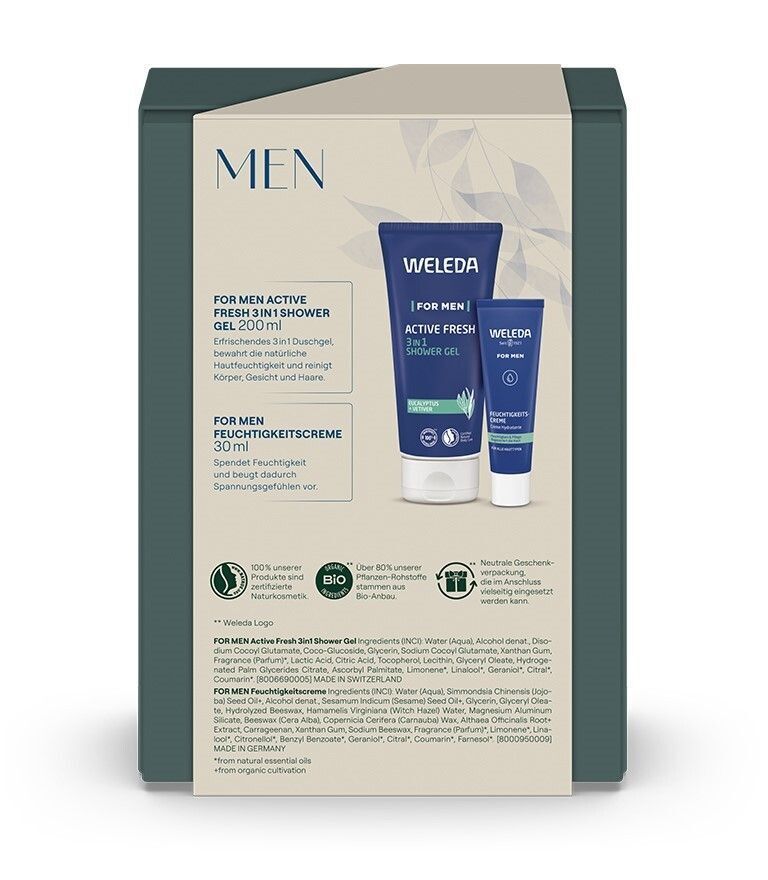 Rückseite der Geschenkbox. Text: WELEDA, 3in1 Duschgel, Feuchtigkeitscreme. Inhaltsstoffe und Logos.