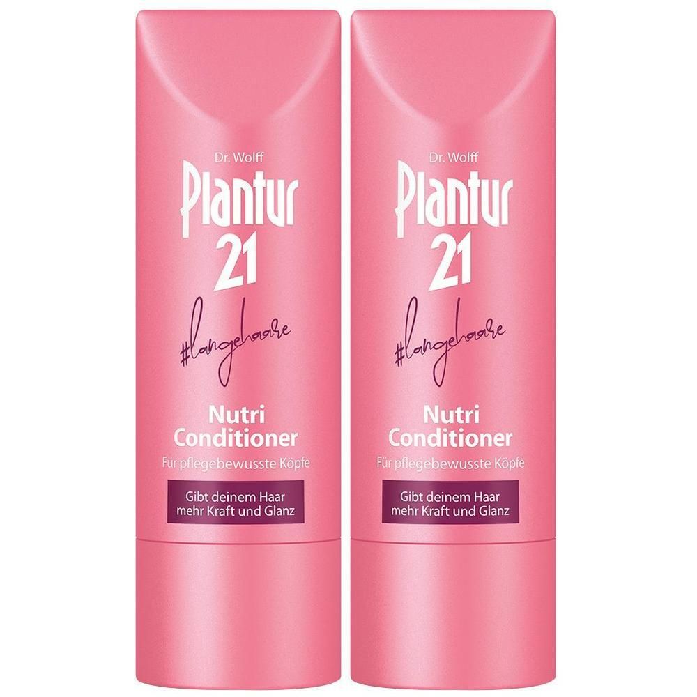 Zwei rosa Flaschen. Aufschrift: Plantur 21 Nutri Conditioner. Text: Gibt deinem Haar mehr Kraft und Glanz.