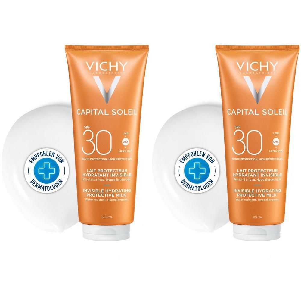 Zwei Tuben Sonnen-Fluid mit LSF 30 und weißem Deckel. Aufschrift: Vichy, Capital Soleil, Lait Protecteur Hydratant Invisible. Dermatologisch getestet.