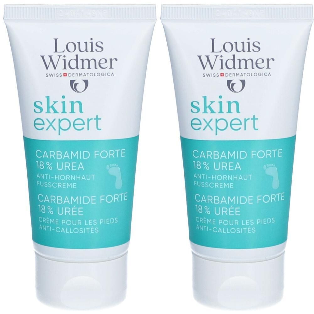 Zwei Tuben Fußcreme. Weiß mit blaugrüner Schrift. Aufschrift: Louis Widmer, skin expert, Carbamid Forte 18% Urea.