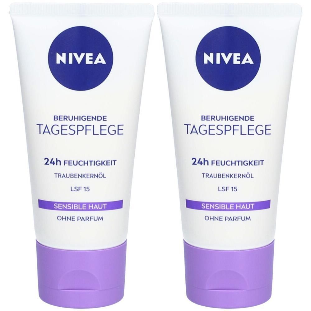 Zwei Tuben NIVEA Tagespflege. Weiß, mit blauem Logo und Text. Enthält 24h Feuchtigkeit, Traubenkernöl, LSF 15. Für sensible Haut, ohne Parfum.