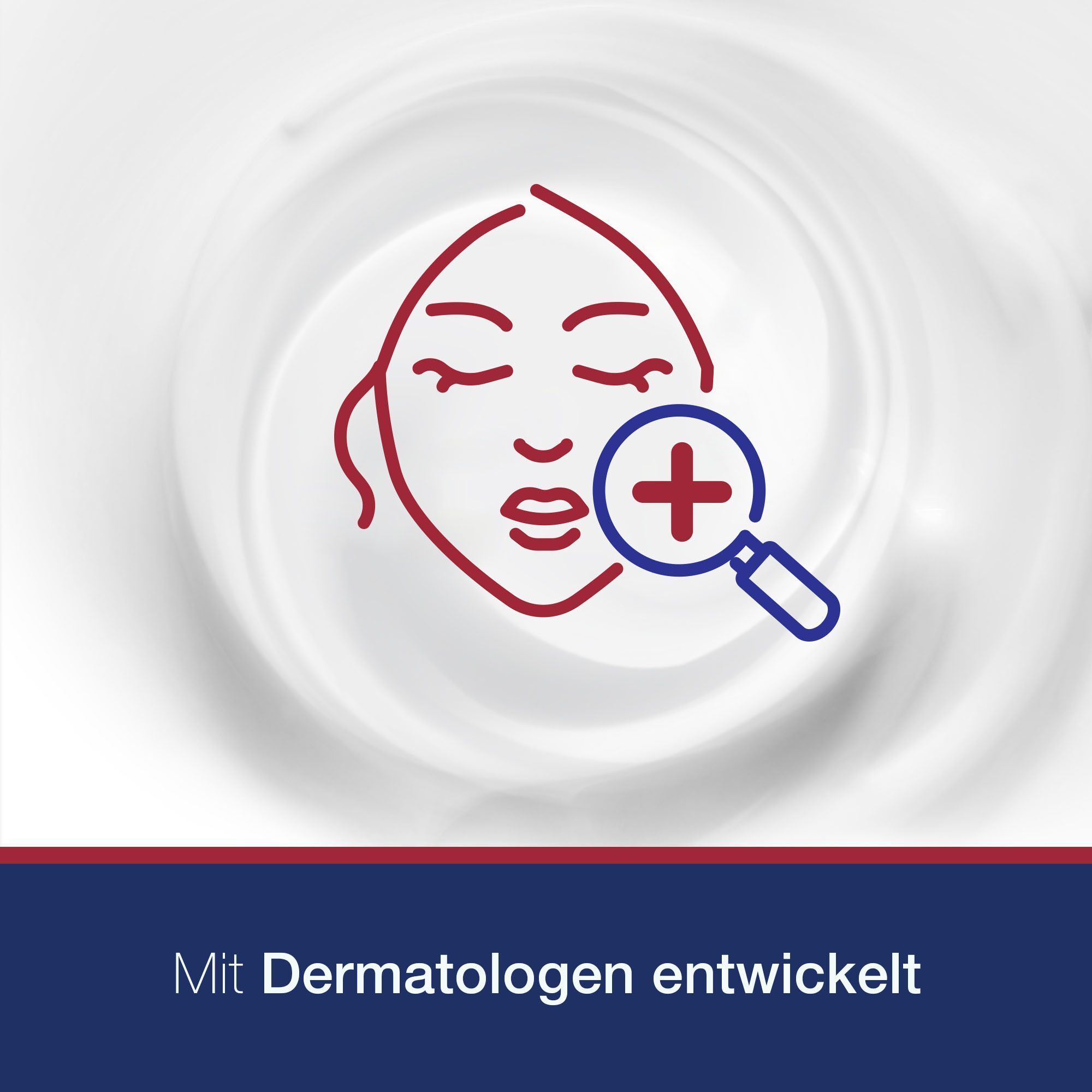 Gesichtsskizze mit Lupe und Pluszeichen. Text: Mit Dermatologen entwickelt. Hintergrund: Creme.