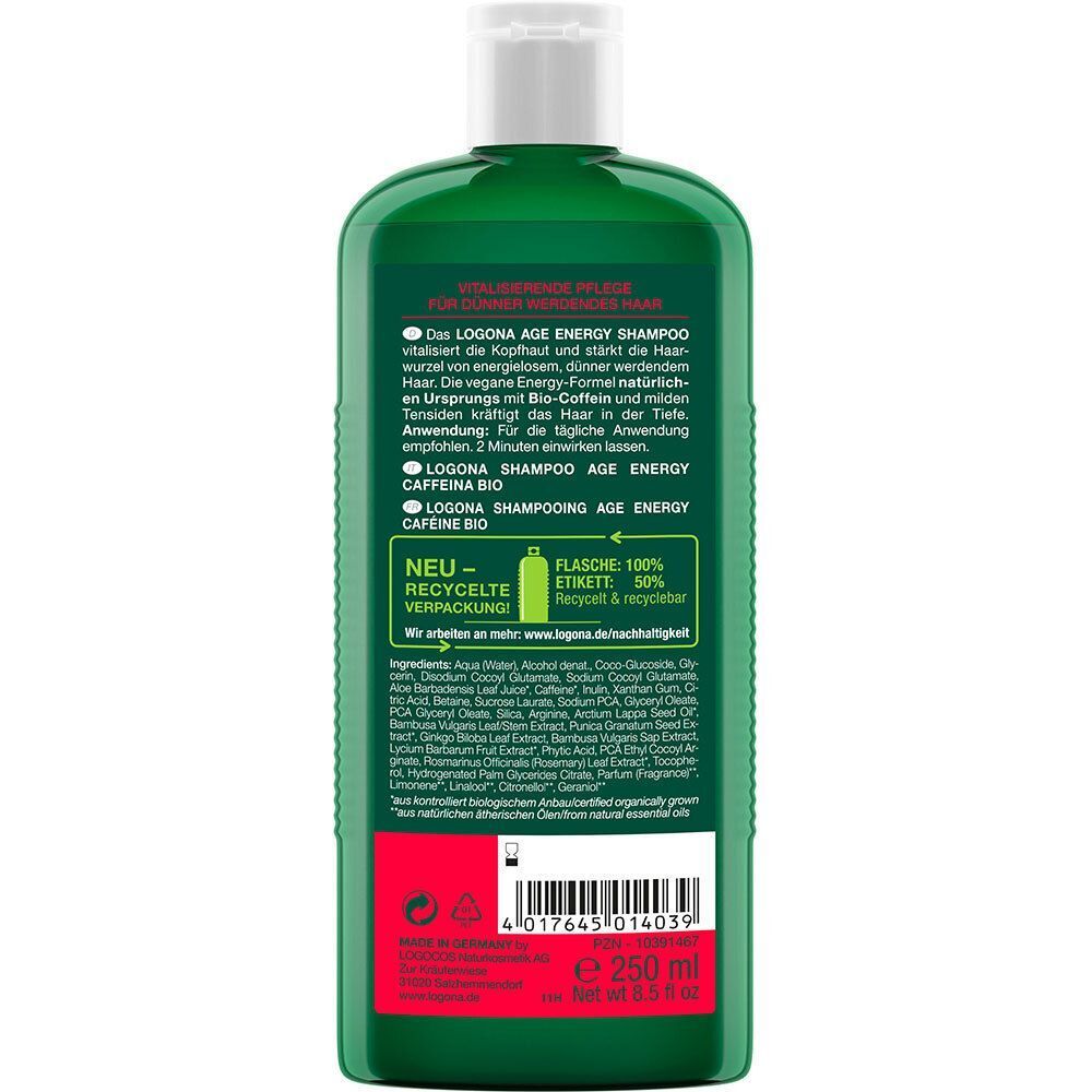 Rückseite einer grünen Shampoo-Flasche. Etikett mit Produktinformationen, Logo, Text und Recycling-Symbolen. Weiße Kappe.