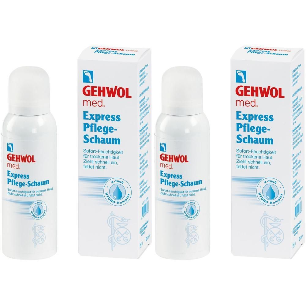 Drei weiße Sprühflaschen und zwei Kartons. Aufschrift: GEHWOL med. Express Pflege-Schaum. Sofort-Feuchtigkeit für trockene Haut.