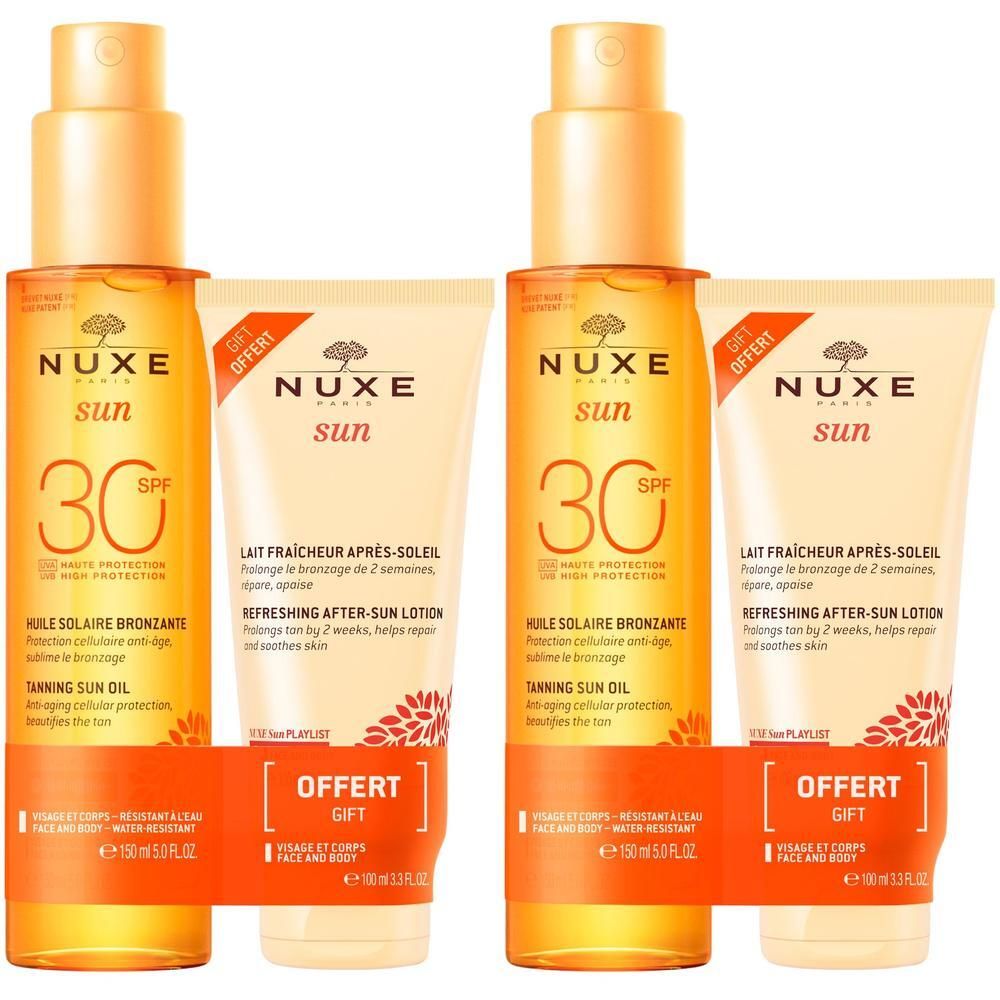 Sonnenöl-Set mit After-Sun-Lotion. Zwei Sets, je mit Sonnenöl LSF 30 und After-Sun-Lotion. Orangefarbene Verpackung mit Produktnamen und SPF-Angabe.