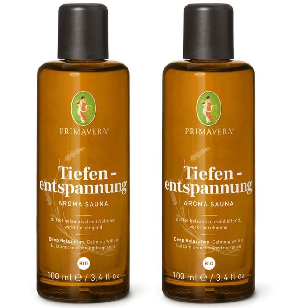 Zwei braune Flaschen mit schwarzem Deckel. Aufschrift: PRIMAVERA, Tiefenentspannung Aroma Sauna. Bio-Siegel. 100 ml.