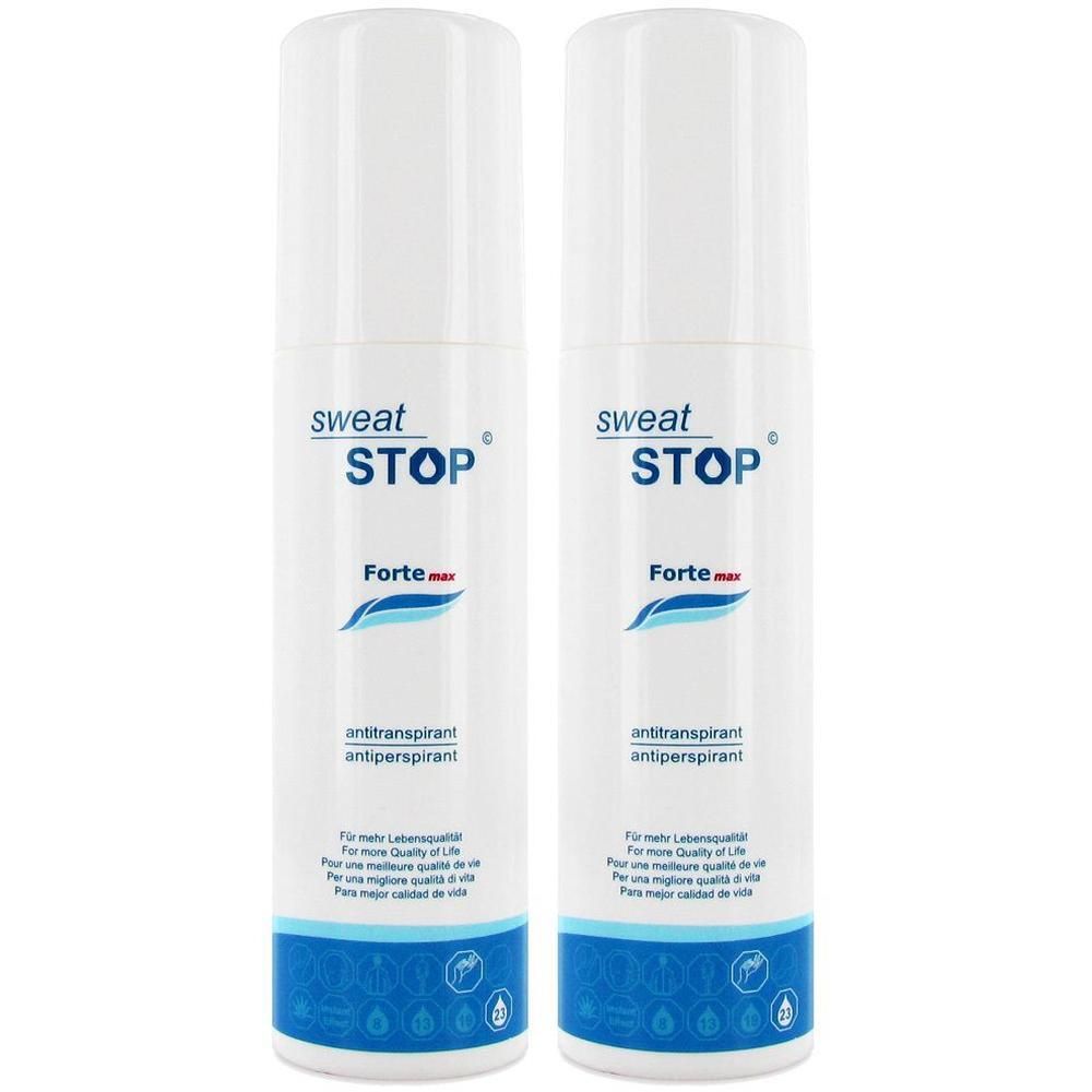 Zwei weiße Sprühflaschen. Aufschrift: SweatStop Forte max, Antitranspirant. Blaue Wellen und Text darunter.