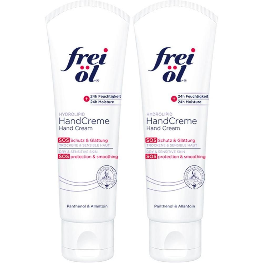 Zwei Tuben Handcreme. Weiß, mit blauem und rotem Schriftzug. Produktname und Eigenschaften sind aufgedruckt.