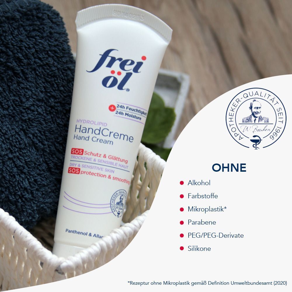 Tube Handcreme, weiß. Produktname und Eigenschaften sind aufgedruckt. Siegel mit Apotheken-Qualität. Ohne-Liste.