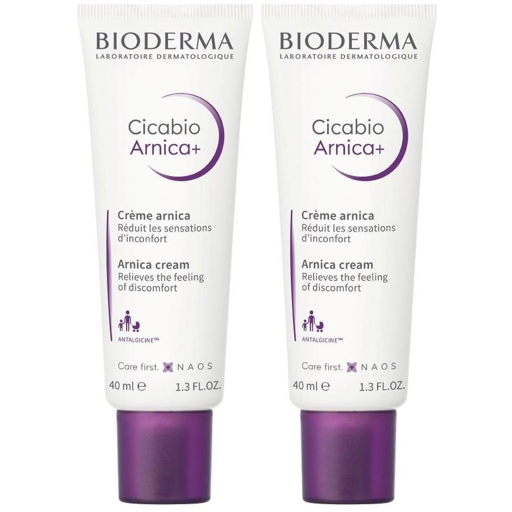 Zwei Tuben Creme. Weiß, mit lila Akzenten. Beschriftung: BIODERMA, Cicabio Arnica+, Crème arnica, 40 ml.