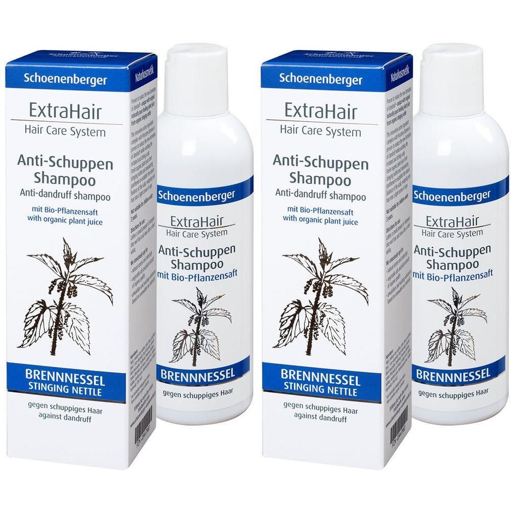Mehrere Flaschen und Verpackungen. Aufschrift: ExtraHair Anti-Schuppen Shampoo. Brennnessel. Mit Bio-Pflanzensaft.