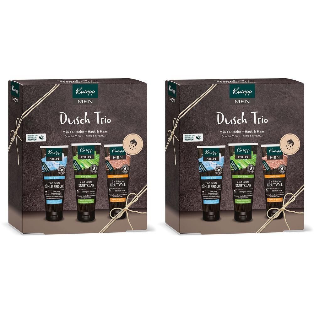 Kneipp® MEN Dusch-Trio Geschenkbox mit drei Duschgel-Tuben. Verpackung mit Produktnamen und Logo. Dunkler Hintergrund.