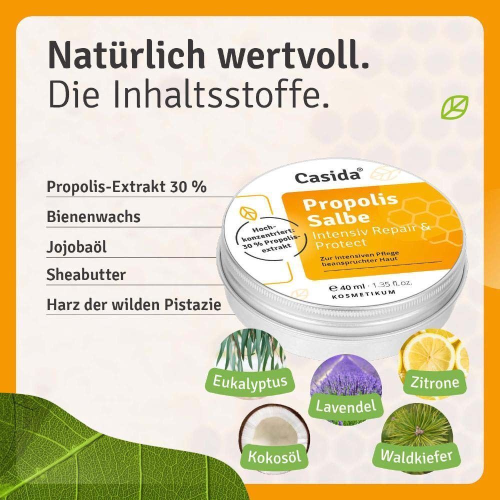 Runder Metallbehälter mit Etikett. Aufschrift: Casida Propolis Salbe, Intensiv Repair & Protect. Abgebildet sind Inhaltsstoffe.