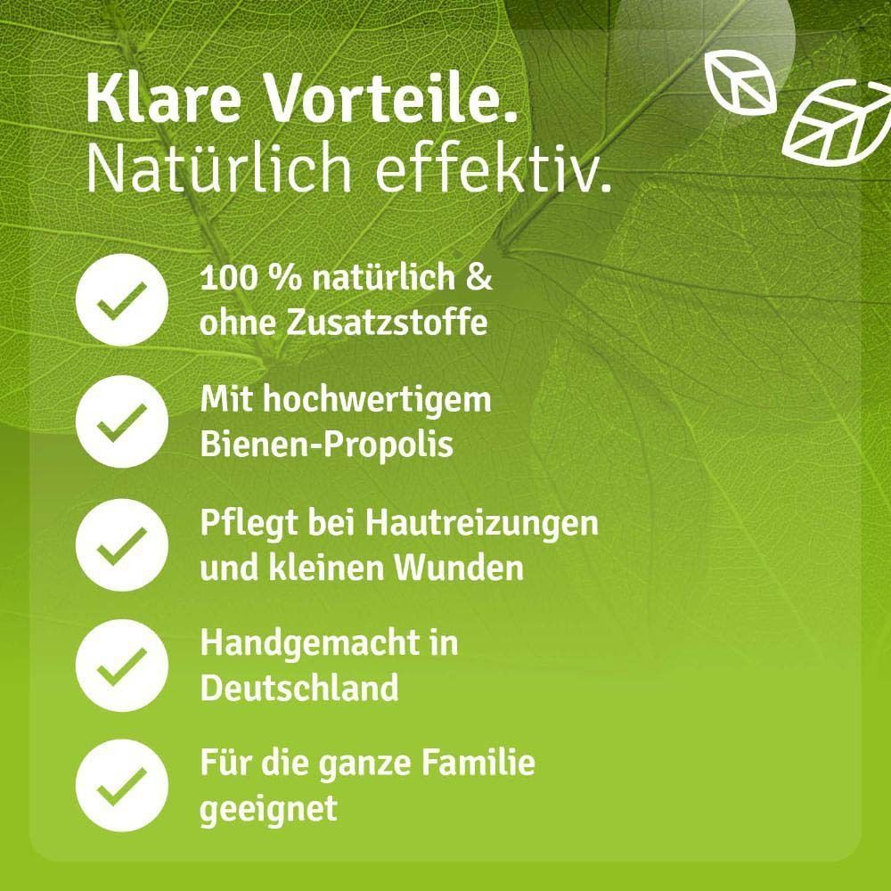 Aufschrift: Casida Propolis Salbe, Intensiv Repair & Protect. Aufzählung von Vorteilen: natürlich, ohne Zusatzstoffe, etc.