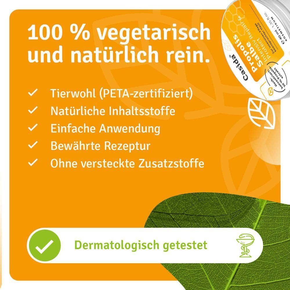 Aufschrift: Casida Propolis Salbe, Intensiv Repair & Protect. Aufzählung von Vorteilen: vegetarisch, natürliche Inhaltsstoffe, etc.