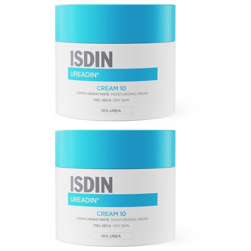 Zwei weiße Cremetiegel mit blauem Deckel. Aufschrift: ISDIN Ureadin Cream 10. Creme für trockene Haut.
