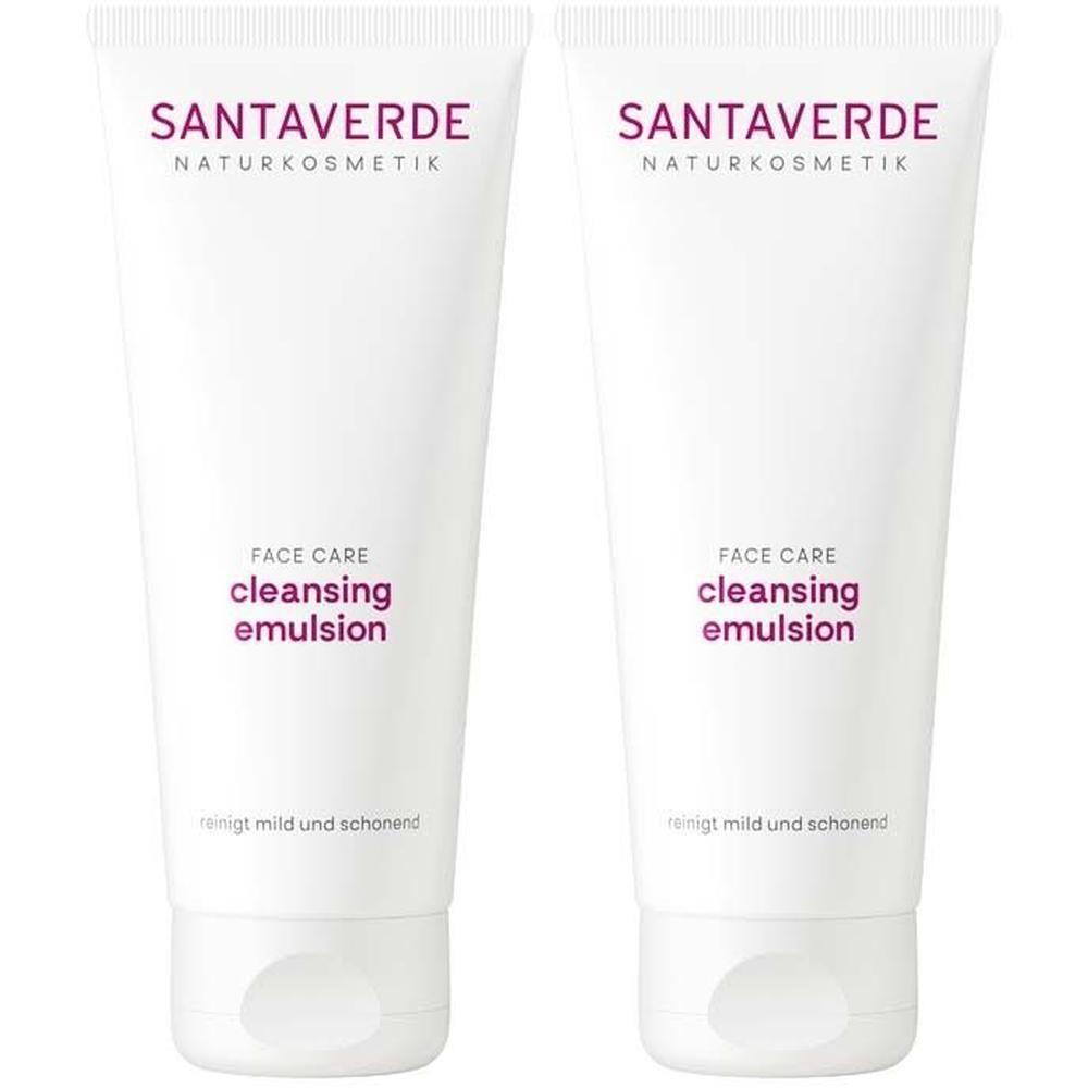 Zwei weiße Tuben mit SANTAVERDE-Logo und Text. Aufschrift: Face Care, cleansing emulsion. Text: Reinigt mild und schonend.