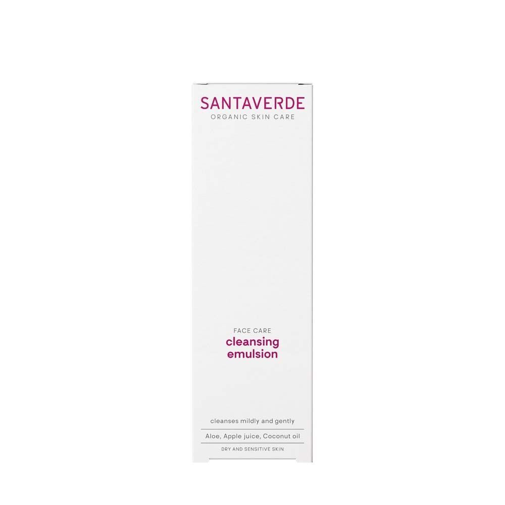 Weiße Verpackung mit SANTAVERDE-Logo und Text. Aufschrift: Face Care, cleansing emulsion. Text: Reinigt mild und sanft.