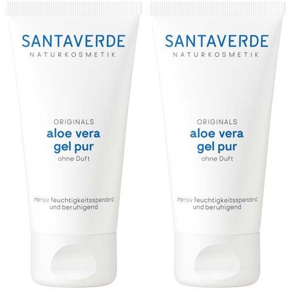 Zwei weiße Tuben mit blauer Schrift. Aufschrift: SANTAVERDE Naturkosmetik, aloe vera gel pur ohne Duft.