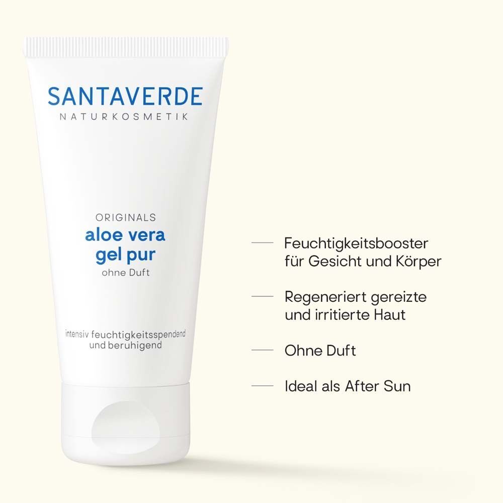 Weiße Tube mit blauer Schrift. Aufschrift: SANTAVERDE Naturkosmetik, aloe vera gel pur ohne Duft. Text daneben.
