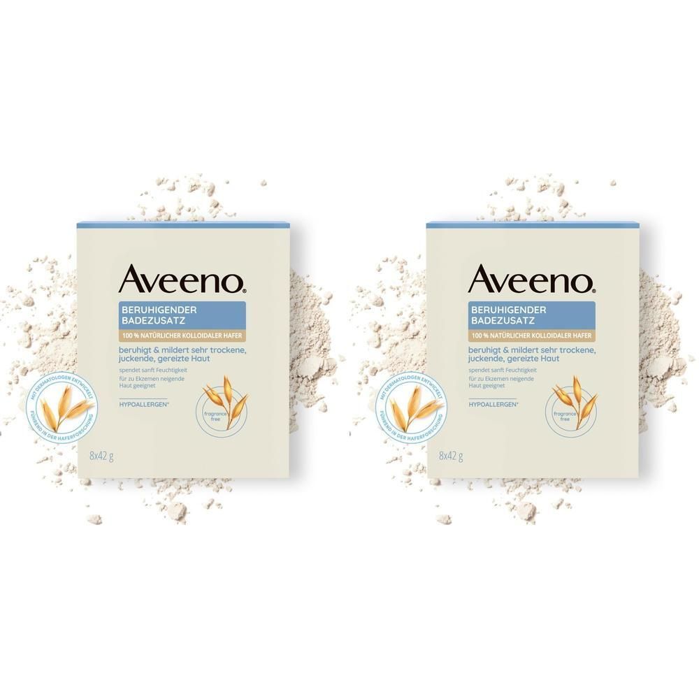 Zwei Packungen Aveeno® Badezusatz. Rechteckige Kartons mit Produktinformationen und Logo. Hintergrund: weißes Pulver.
