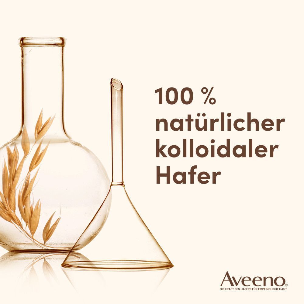 Glasbehälter und Trichter mit Text: 100 % natürlicher kolloidaler Hafer. Aveeno® Logo.
