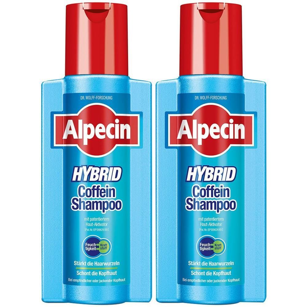 Zwei blaue Flaschen mit rotem Verschluss. Aufschrift: Alpecin Hybrid Coffein Shampoo. Text: Stärkt die Haarwurzeln, schont die Kopfhaut.