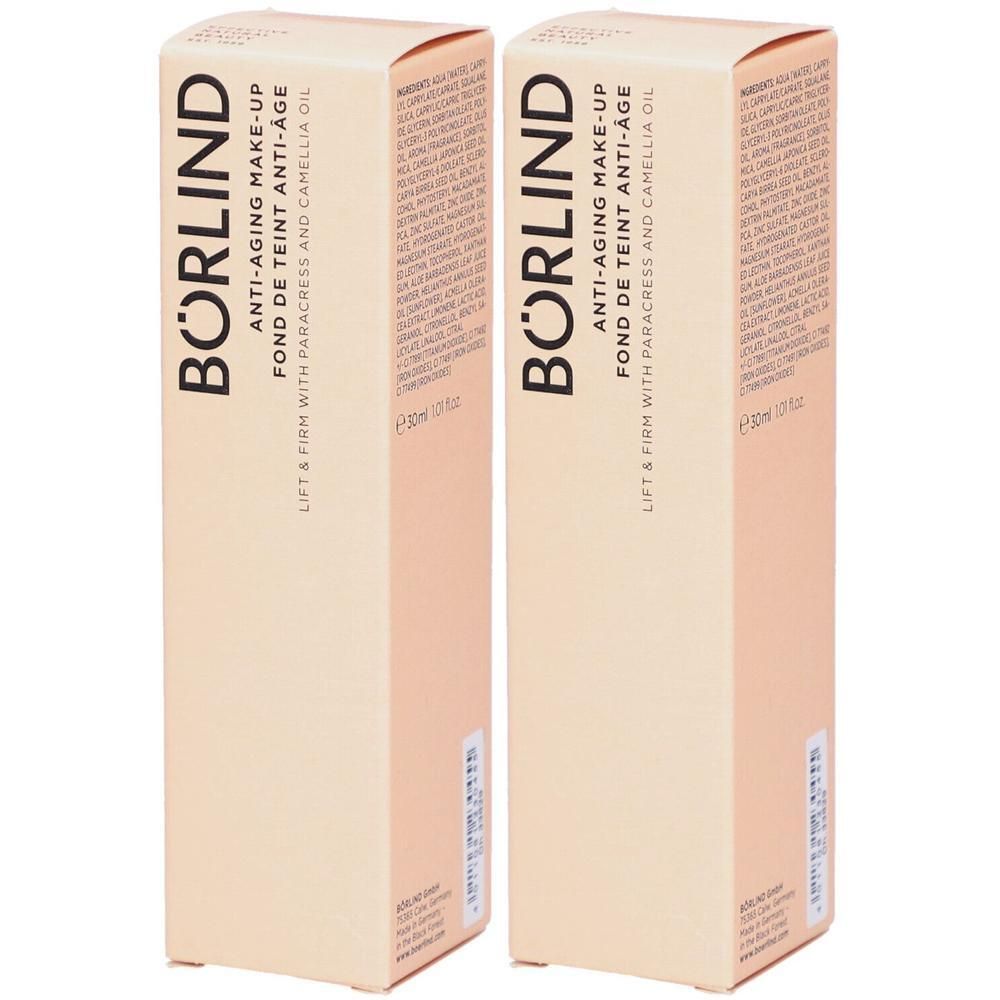 Zwei rechteckige Verpackungen. Aufschrift: BÖRLIND, Anti-Aging Make-up, Fond de Teint Anti-Âge. Mit Parakresse und Kamelienöl.