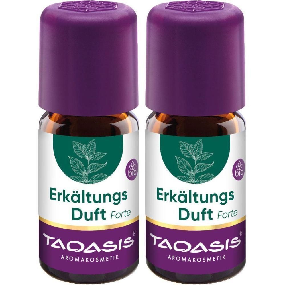 Zwei kleine Glasflaschen mit lila Deckel. Auf den Etiketten steht "Erkältungs Duft Forte" und "TAOASIS Aromakosmetik".