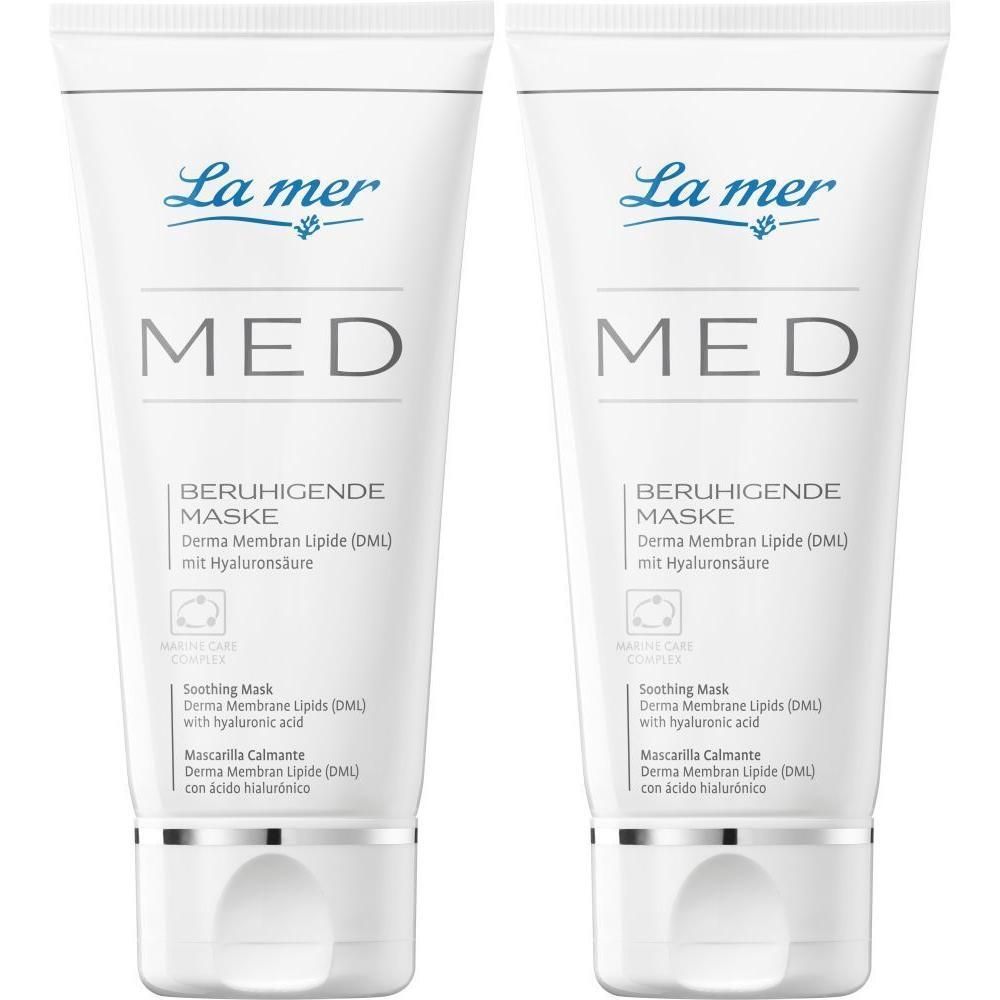 Zwei weiße Tuben mit blauer Schrift. Aufschrift: La mer, MED, BERUHIGENDE MASKE. Enthält Hyaluronsäure.