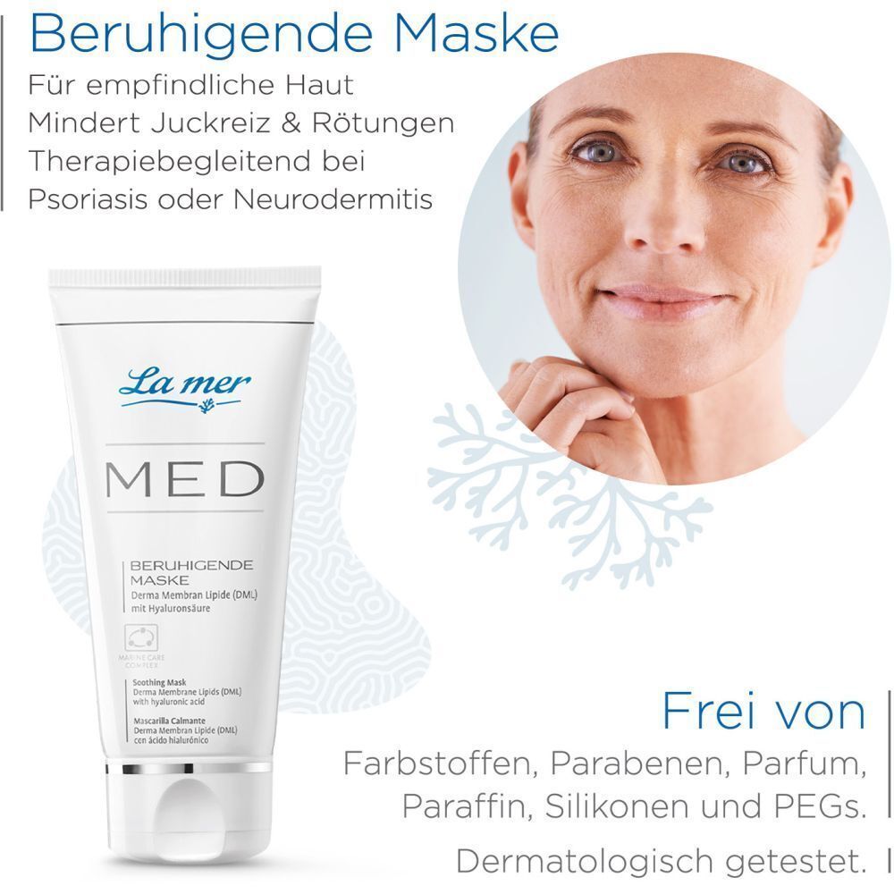 Produkt und Gesicht einer Frau. Text: Beruhigende Maske. Für empfindliche Haut. Frei von Farbstoffen, Parabenen, Parfum, Paraffin, Silikonen und PEGs.