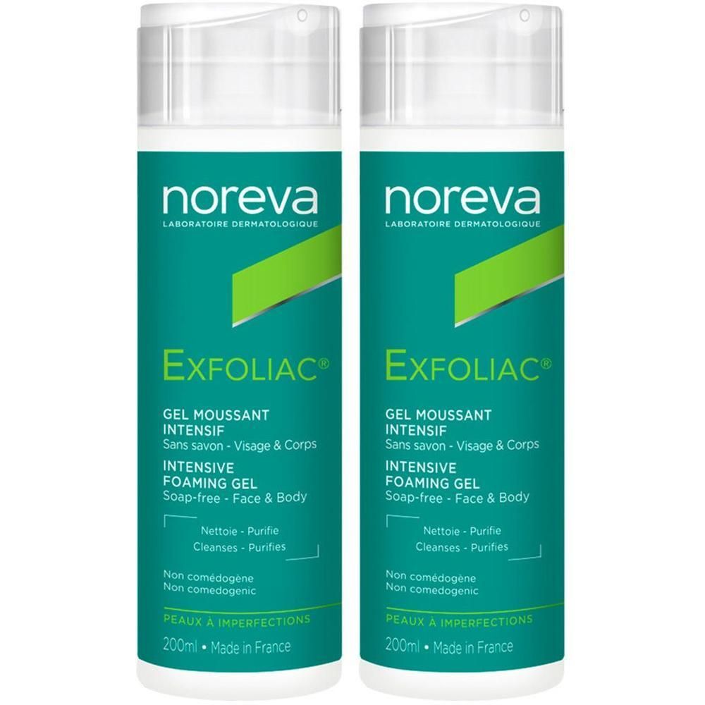 Zwei Flaschen noreva Exfoliac Reinigungsgel. Grün-weißes Etikett mit Produktnamen und Text. 200ml, hergestellt in Frankreich.