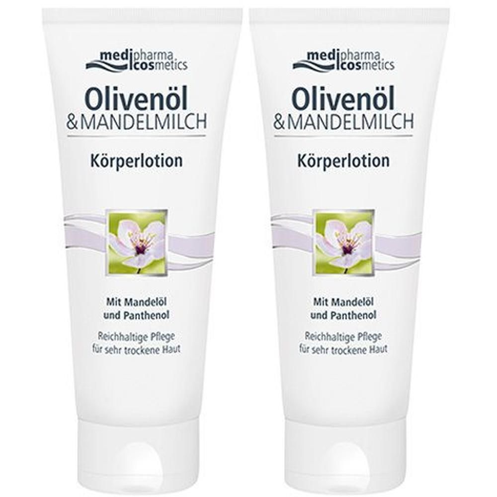 Zwei weiße Tuben Körperlotion. Aufschrift: Olivenöl & Mandelmilch, Körperlotion. Mit Mandelöl und Panthenol. Für sehr trockene Haut.