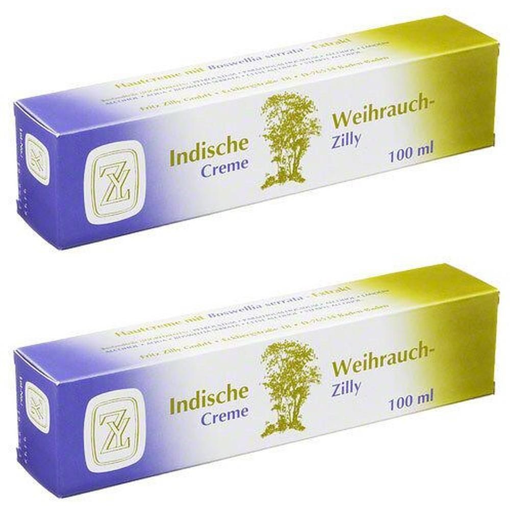 Zwei Schachteln INDISCHE Weihrauch Creme. Lila-gelbe Verpackung mit Produktnamen und Logo. 100 ml.