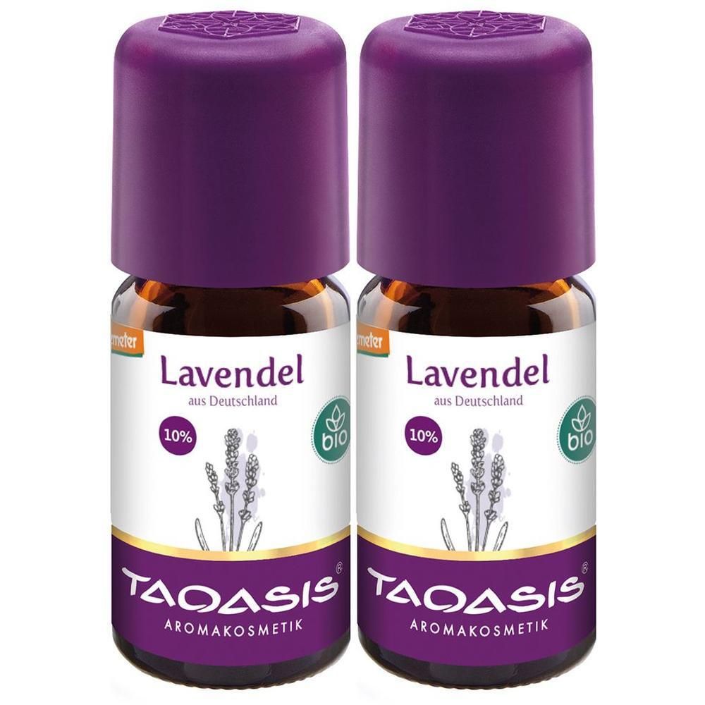 Zwei kleine Glasflaschen mit lila Deckel. Auf dem Etikett steht "Lavendel 10%" und "TAOASIS Aromakosmetik". Bio-Siegel.